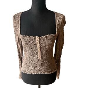 Boho Free People Confection Brown Smocked Lace Long Sleeve Top, Size M